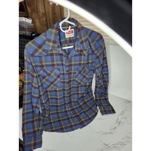 Wrangler Western Pearl Snap Flannel Shirt Plaid Long Sleeve Cowboy Size M - Picture 1 of 9